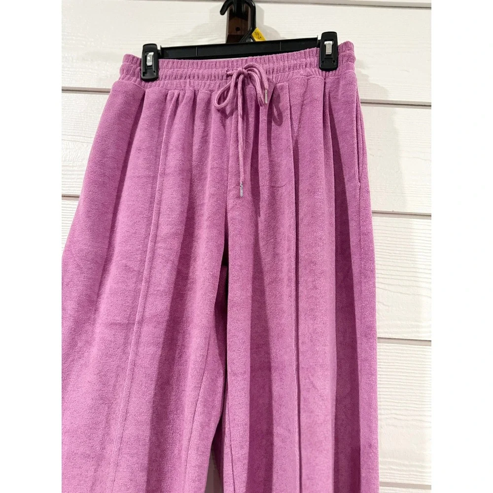 B- 036- 3 Piece Terry Cloth Lounge Set Orchid Pink Crop Top Bralette Wide Leg
